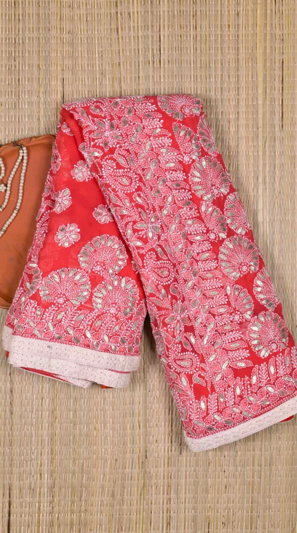 Red Mukaish Chikankari Saree with Gota Patti Border