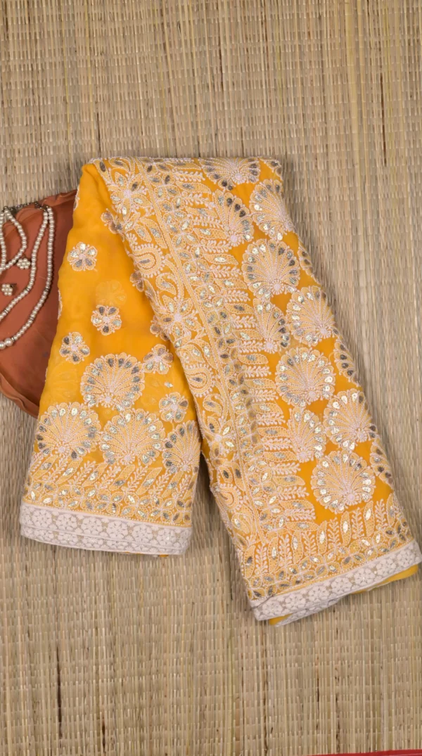 Yellow Mukaish Chikankari Saree with Gota Patti Border
