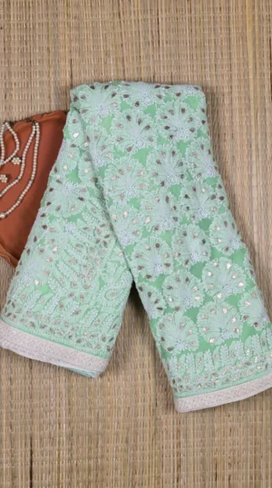 Pastel Green Mukaish Chikankari Saree with Gota Patti Border