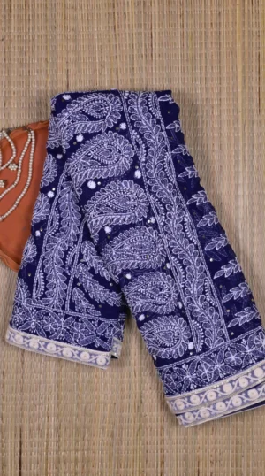 Blue Mukaish Chikankari Saree with Gota Patti Border