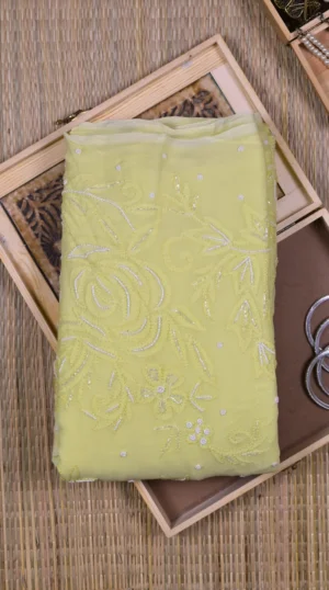 Green Chikankari Georgette Saree with Pearl Embellishments