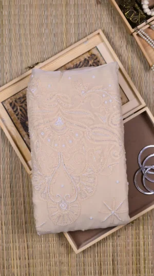 Beige Chikankari Georgette Saree with Pearl