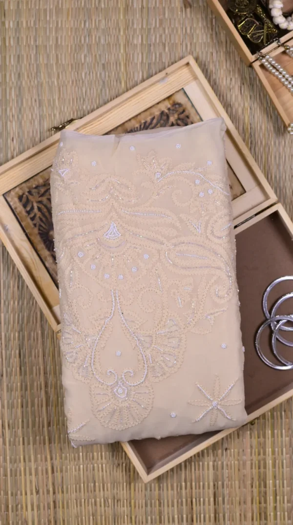 Beige Chikankari Georgette Saree with Pearl