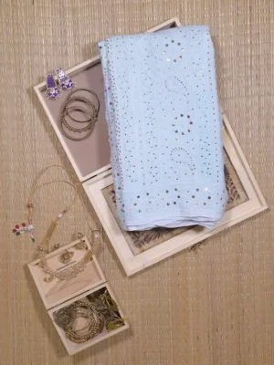 Sky Blue Pure Georgette Mukaish Work Lucknowi Chikankari Saree