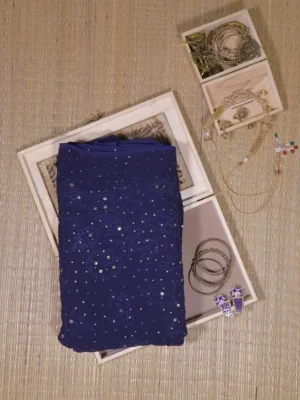Navy Blue Pure Georgette Mukaish Work Lucknowi Chikankari Saree