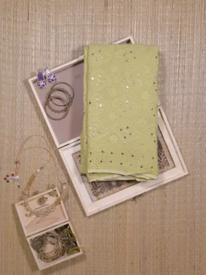 Olive Green Pure Georgette Mukaish Work Lucknowi Chikankari Saree