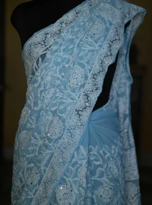 Sky Blue-Pure Georgette Mukaish Work Lucknowi Chikankari Saree