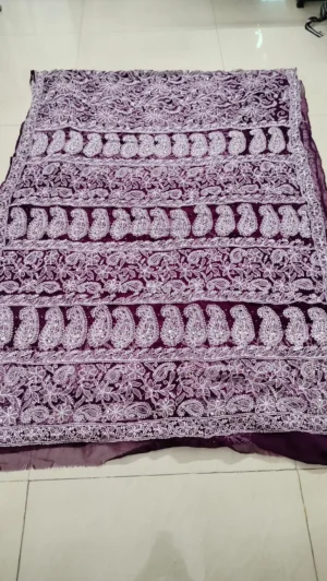 Wine Pure Georgette Mukaish Work Lucknowi Chikankari Saree with White Thread Embroidery