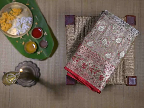 meenakari banarasi katan silk saree in beige with zari butta