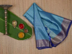 Aqua Blue with Golden Border Tanchuee work on Kora silk saree