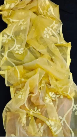 Yellow on Jamdani work Dhakai Resom Muslin Saree