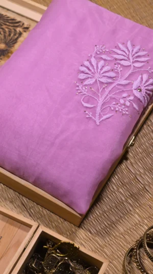 Lavender Mukaish Organza Saree with Hand Embroidery