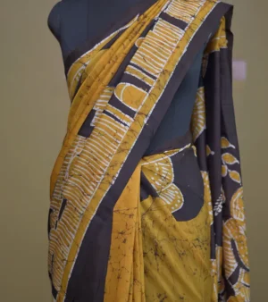 Mustard yellow on Black Hand Batik Print Pure silk saree