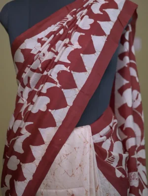 Off White n Maroon on Hand Batik Print Pure silk saree