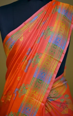 Orange Pink Dual Tone Katan on Hand Block Discharge Print Pure Silk Saree