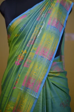 Sky Blue Green Dual Tone Katan on Hand Block Discharge Print Pure Silk Saree