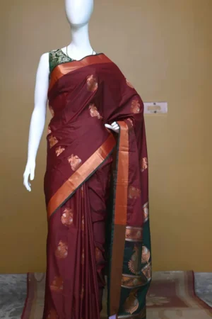 Brown color with green border kanjivaram work on Pure silk saree