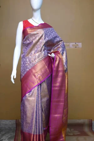 Lavender color with maroon border kanjivaram work on Pure silk saree