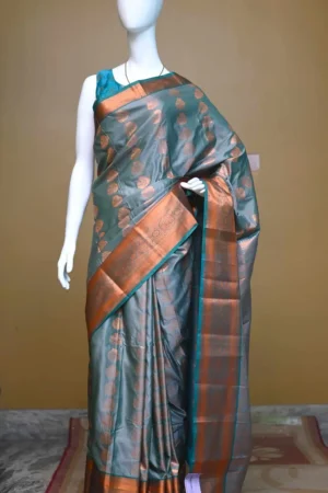 Green color with copper jari border kanjivaram work on Pure silk saree