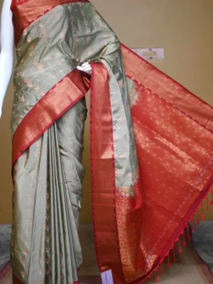 Pesta green color with maroon border kanjivaram work on Pure silk saree