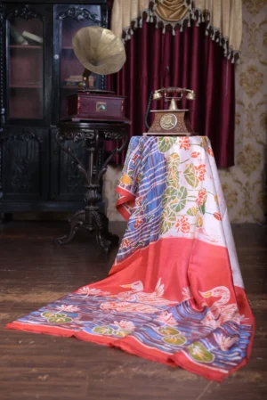 Pink color body with Hand Paint Batik on Pure Silk Saree
