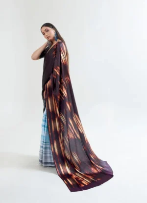 Sky blue with chocolate anchal digital print on Pure Satin saree