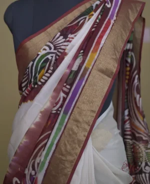 White n Maroon on Hand Batik Print with Zari Border Semi Silk Saree
