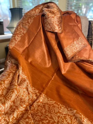 Rust Warli Print Semi Tussar Dupion Silk Saree
