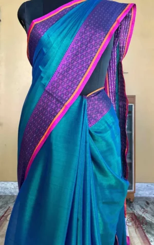 Dark Green n Blue Dual Tone on Pink Border Tissue saree