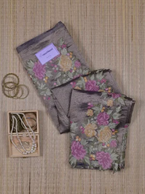 Bronzed Taupe with Golden Sheen Tissue Saree with Multicolor Embroidery Cutwork Border