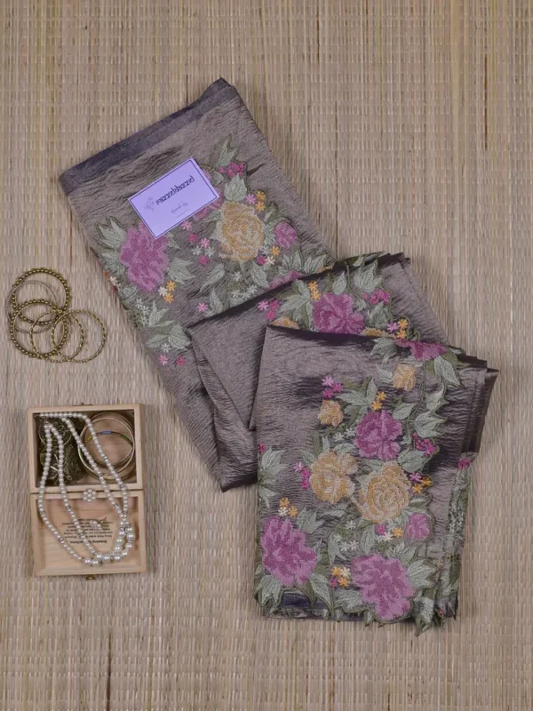 Bronzed Taupe with Golden Sheen Tissue Saree with Multicolor Embroidery Cutwork Border
