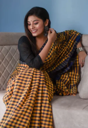 Yellow and Navy Blue checks on Tant Handloom Pure Cotton Gamcha saree