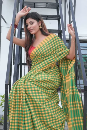 Yellow and Green checks on Tant Handloom Pure Cotton Gamcha Saree