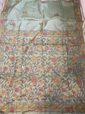 Pure tussar Silk Sap Green Kantha Stitch Saree