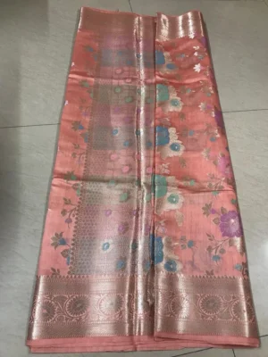 pink chiniya silk saree with hand block floral print and zari border