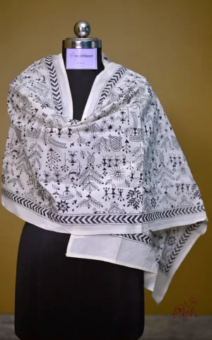 White on Black Warli Print Bengal Kantha Embroidery Tussar Silk Handloom stole