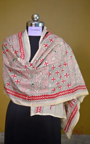 Off White on Red n Black Bengal Kantha Embroidery Tussar Silk Handloom stole