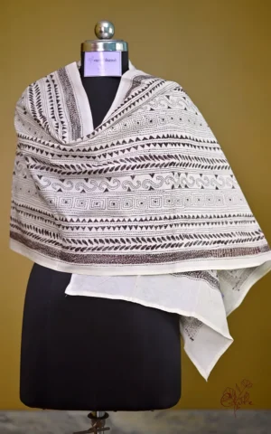 White on Black Bengal Kantha Embroidery Tussar Silk Handloom stole