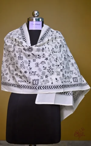 White on Black Bengal Kantha Embroidery Tussar Silk Handloom stole