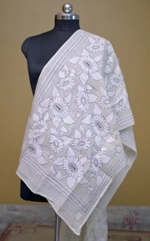 Off White on White n Black Bengal Kantha Embroidery Tussar Silk Handloom stole