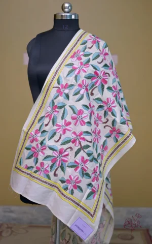 Off White on Multicolor Bengal Kantha Embroidery Tussar Silk Handloom stole