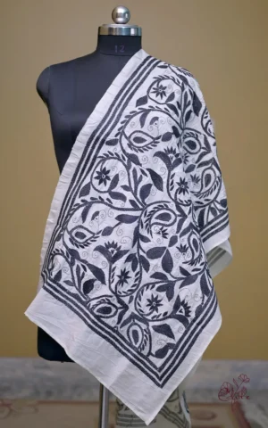 Off White on Black Bengal Kantha Embroidery Tussar Silk Handloom stole