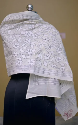 Off White on White Bengal Kantha Embroidery Tussar Silk Handloom stole