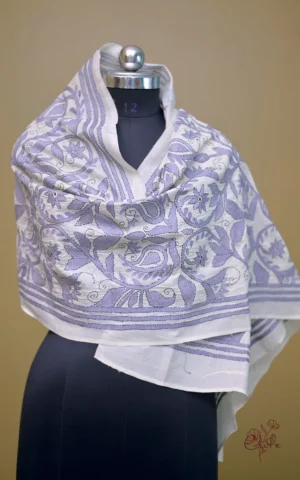 Off White on Grey Bengal Kantha Embroidery Tussar Silk Handloom stole