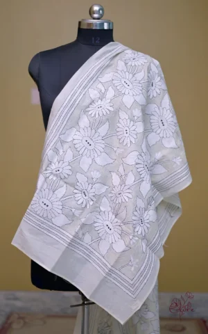 Off White on White Bengal Kantha Embroidery Tussar Silk Handloom stole