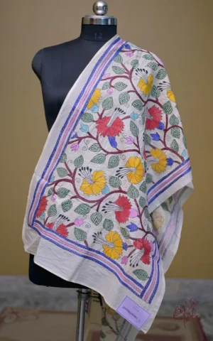 Off White on Multicolor Bengal Kantha Embroidery Tussar Silk Handloom stole