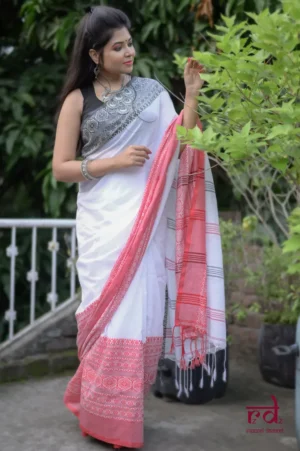 White on Black,Red threadwork Manipuri pattern handwoven mercerised cotton saree