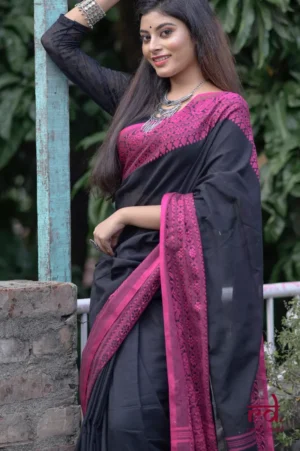 Black on Majenta threadwork Manipuri pattern handwoven mercerised Cotton saree