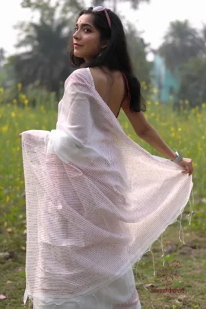 White with Red Border Sequence Pure Cotton silk saree