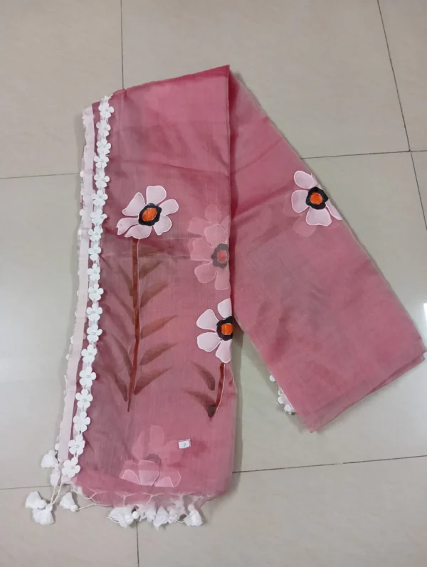 Hand-Painted Resham Silk Saree with Crochet Lace Border – Ivory Elegance